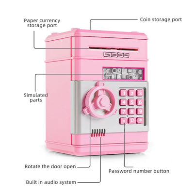 BARESY pink electronic toy safe with keypad coin and bill slots built in audio automatic safe piggy bank for kids
