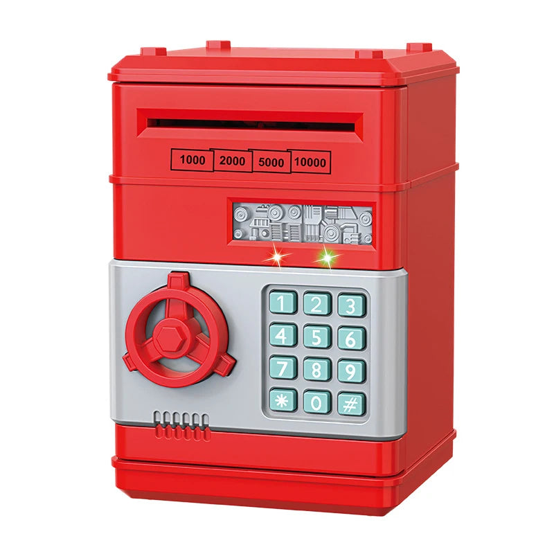 BARESY red electronic safe with keypad and coin slot automatic safe piggy bank for kids with LED lights and combo dial