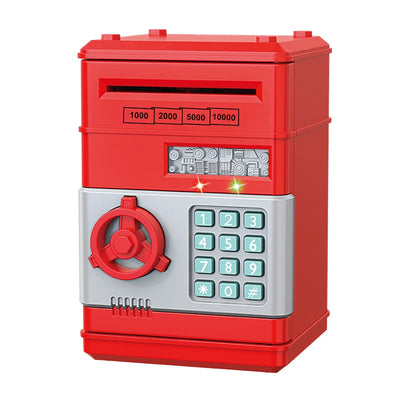 BARESY red electronic safe with keypad and coin slot automatic safe piggy bank for kids with LED lights and combo dial