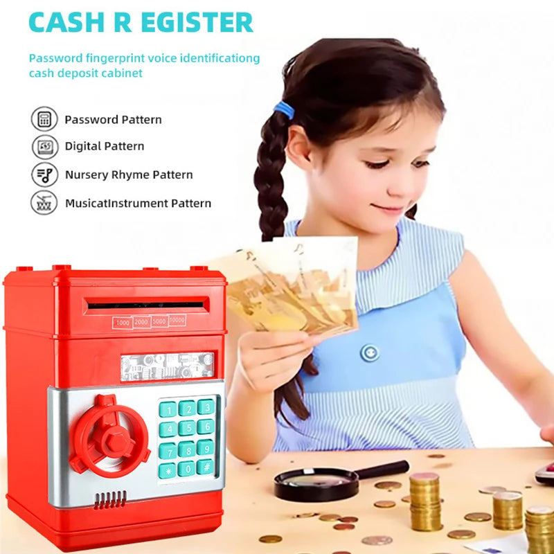 BARESY red electronic toy safe with keypad coin slot and rotating dial with girl inserting cash automatic safe piggy bank for kids