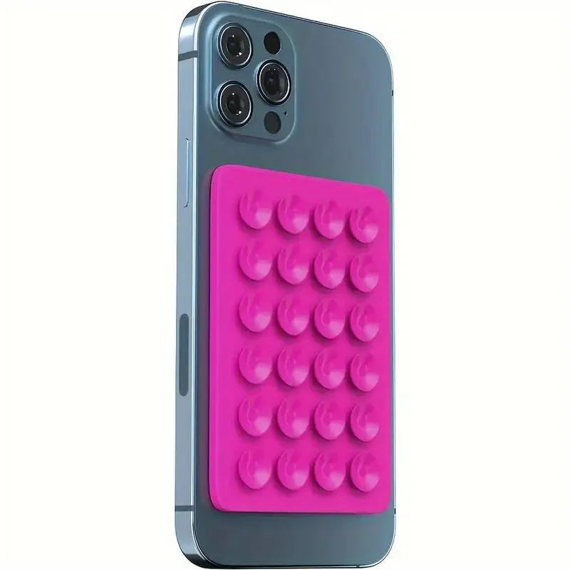 BARESY magenta anti-slip silicone phone holder with suction cup grid attached to smartphone back