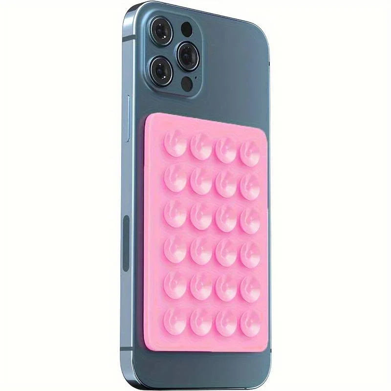 BARESY pink suction cup grid anti-slip silicone phone holder on blue smartphone for grip and stand