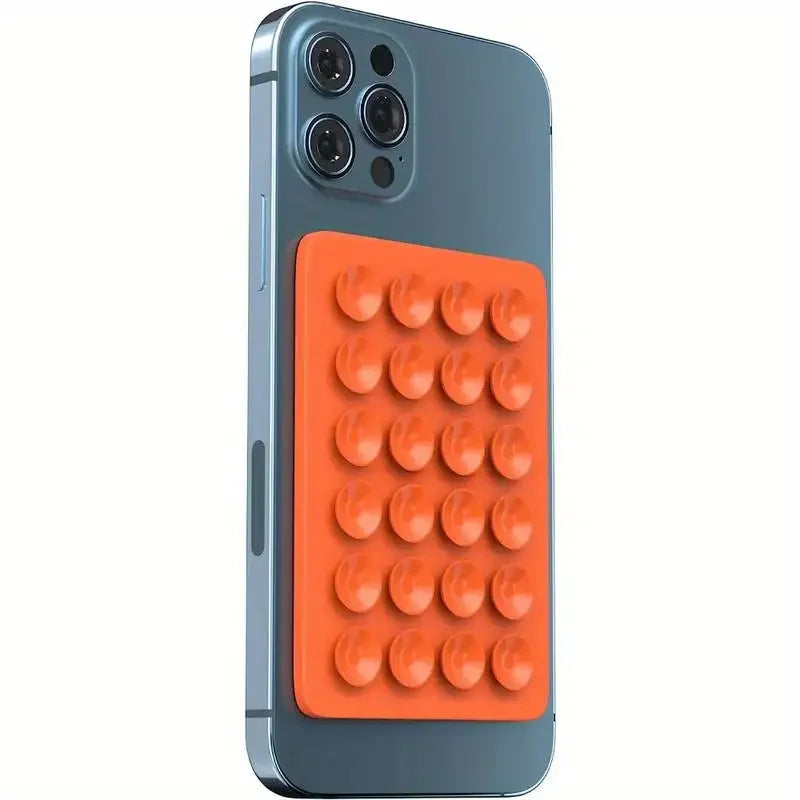 BARESY orange rectangular anti-slip silicone phone holder with multiple suction cups mounted on smartphone back