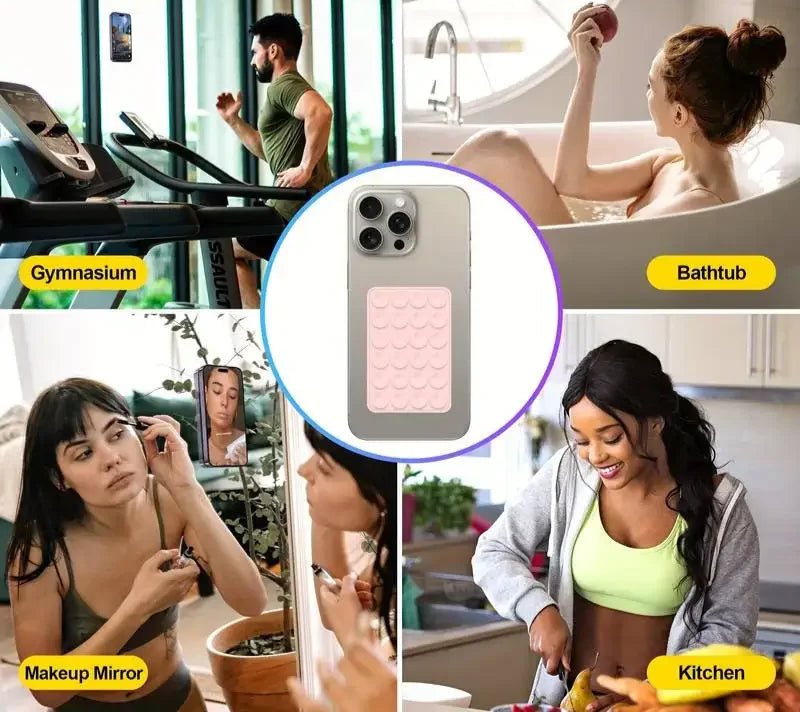 BARESY anti-slip silicone phone holder pink pad on phone back shown in gym bathtub makeup mirror and kitchen use