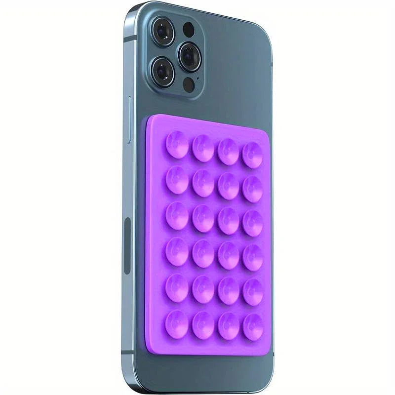 BARESY purple anti-slip silicone phone holder with suction cup grid attached to smartphone back