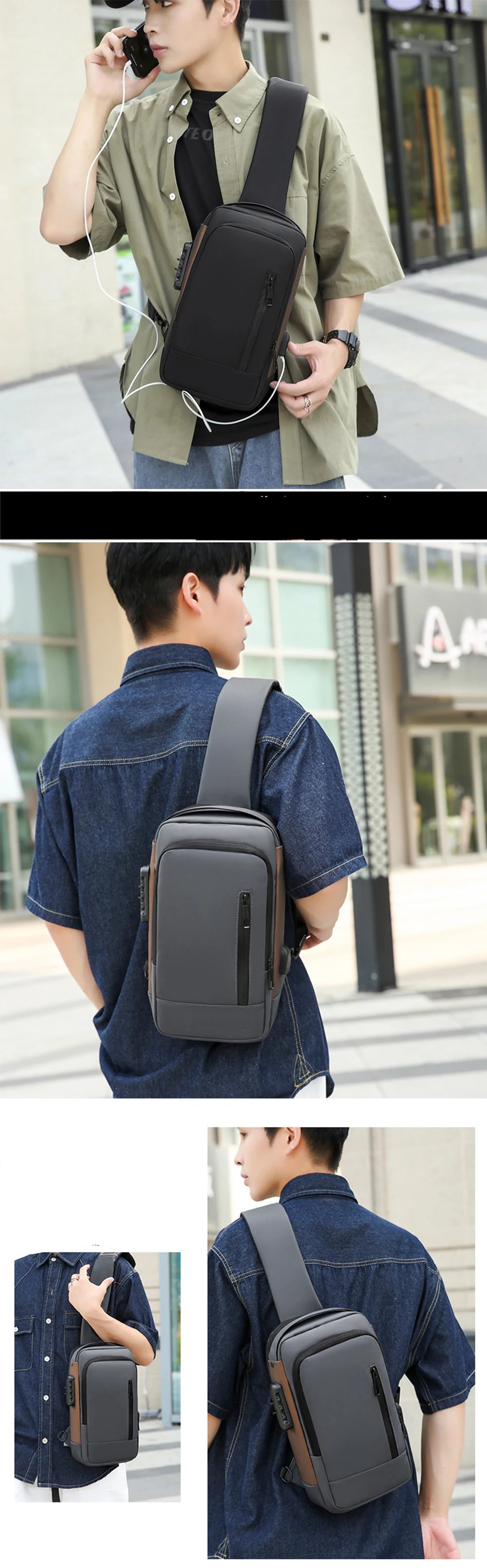 BARESY men's waterproof crossbody bag with USB port black sling bag worn by model for urban travel