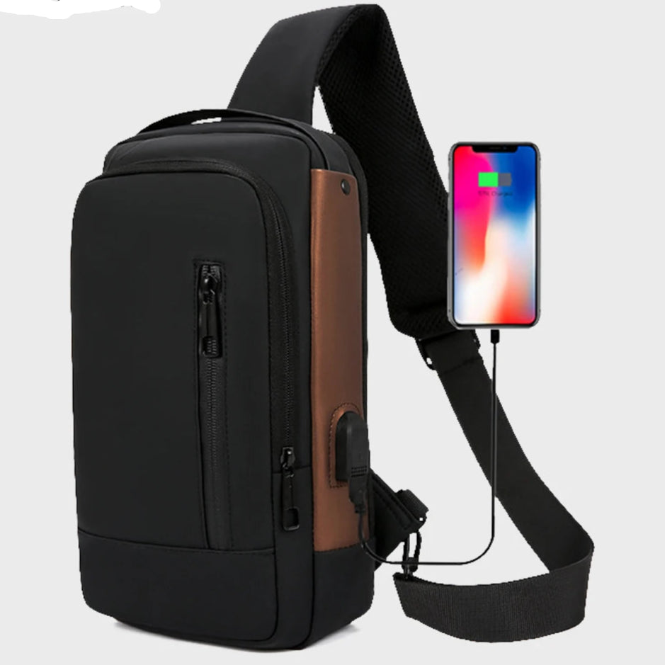 BARESY men's waterproof crossbody bag with USB port black and brown sling with padded strap and pockets