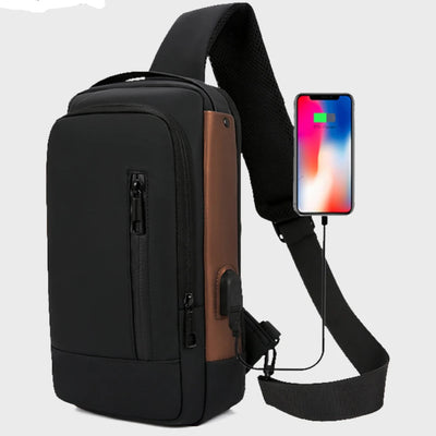 BARESY men's waterproof crossbody bag with USB port black and brown sling with padded strap and pockets