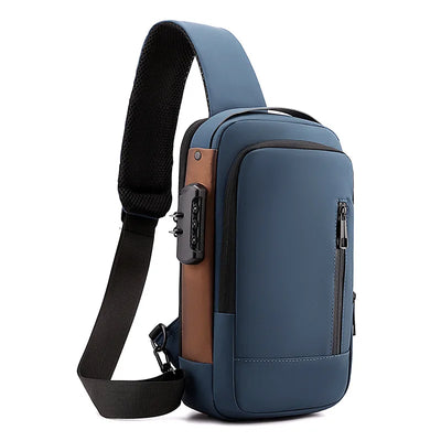 BARESY men's waterproof crossbody bag with USB port blue sling bag with anti theft lock and padded strap