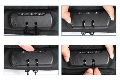 BARESY men's waterproof crossbody bag with USB port close up of built in combination lock and zipper pulls being used