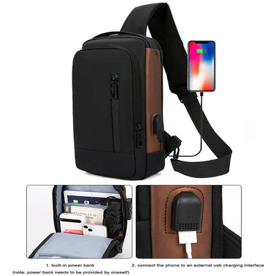BARESY men's waterproof crossbody bag with USB port black and brown sling with internal power bank pocket