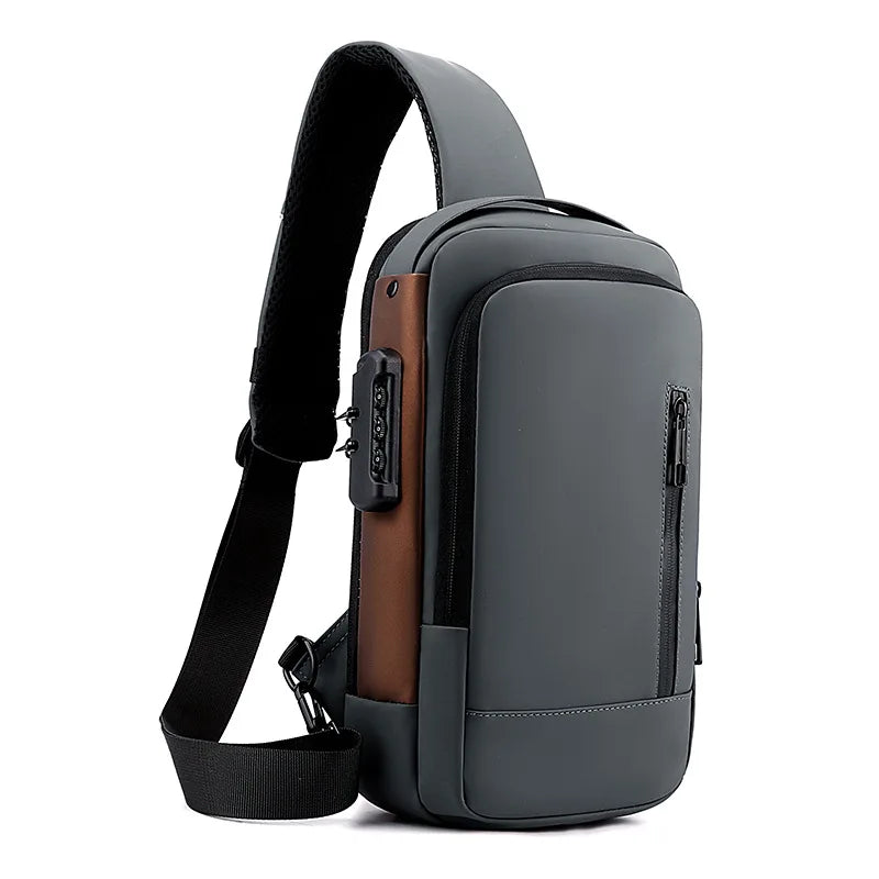 BARESY men's waterproof crossbody bag with USB port gray sling bag with adjustable strap and front zip pockets