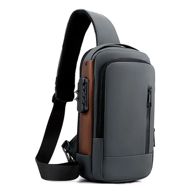 BARESY men's waterproof crossbody bag with USB port gray sling bag with adjustable strap and front zip pockets