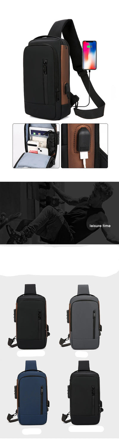 BARESY men's waterproof crossbody bag with USB port black sling bag organizer with multiple pockets