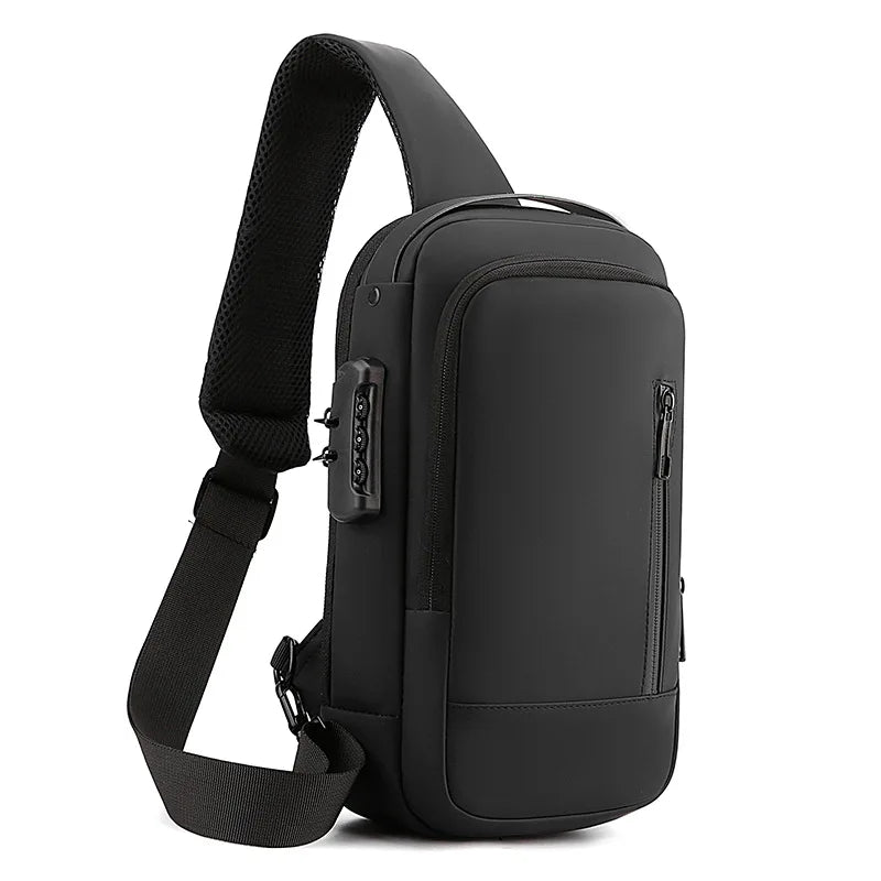 BARESY men's waterproof crossbody bag with USB port in black compact sling design with padded strap