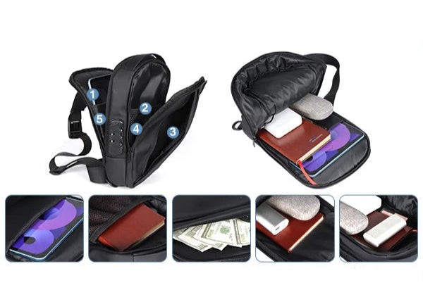 BARESY men's waterproof crossbody bag with USB port showing multiple compartments and packed essentials