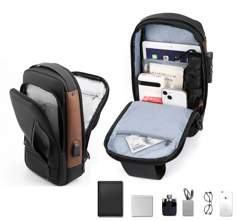 BARESY men's waterproof crossbody bag with USB port open to show tablet phone pockets and organized compartments