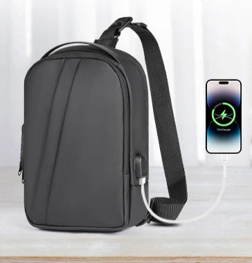 BARESY men's waterproof crossbody bag with USB port black compact sling with side charging port and adjustable strap