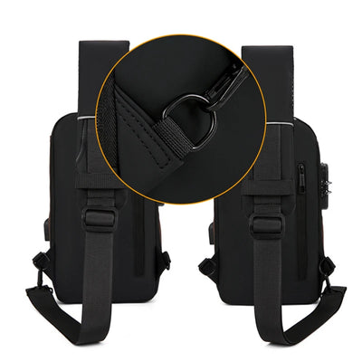 BARESY black men's waterproof crossbody bag with USB port, adjustable strap, D ring and side zipper pocket