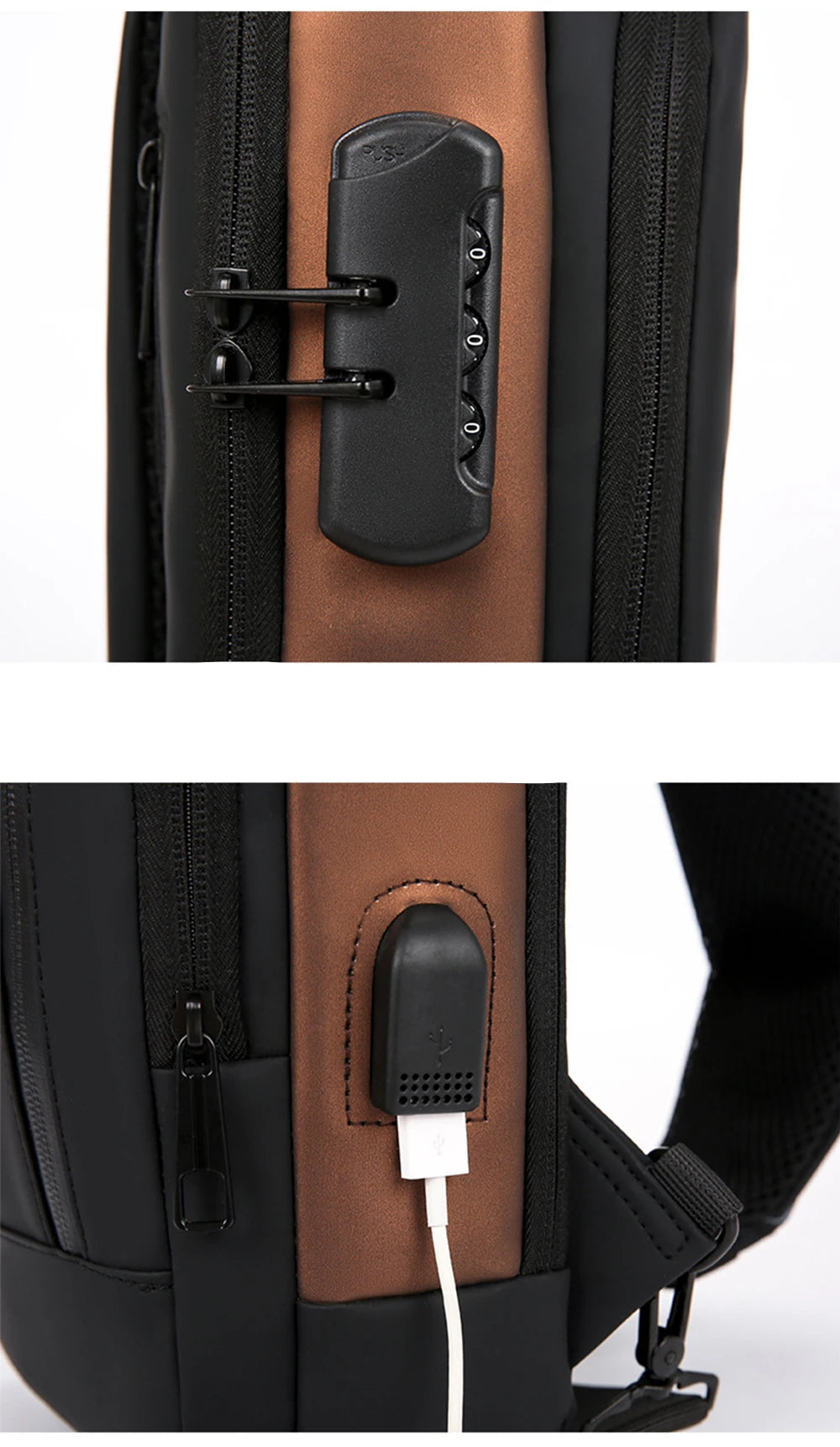 BARESY men's waterproof crossbody bag with USB port showing brown accent external combination lock and side charging port