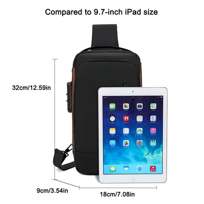 BARESY men's waterproof crossbody bag with USB port black sling bag shown with iPad and dimensions