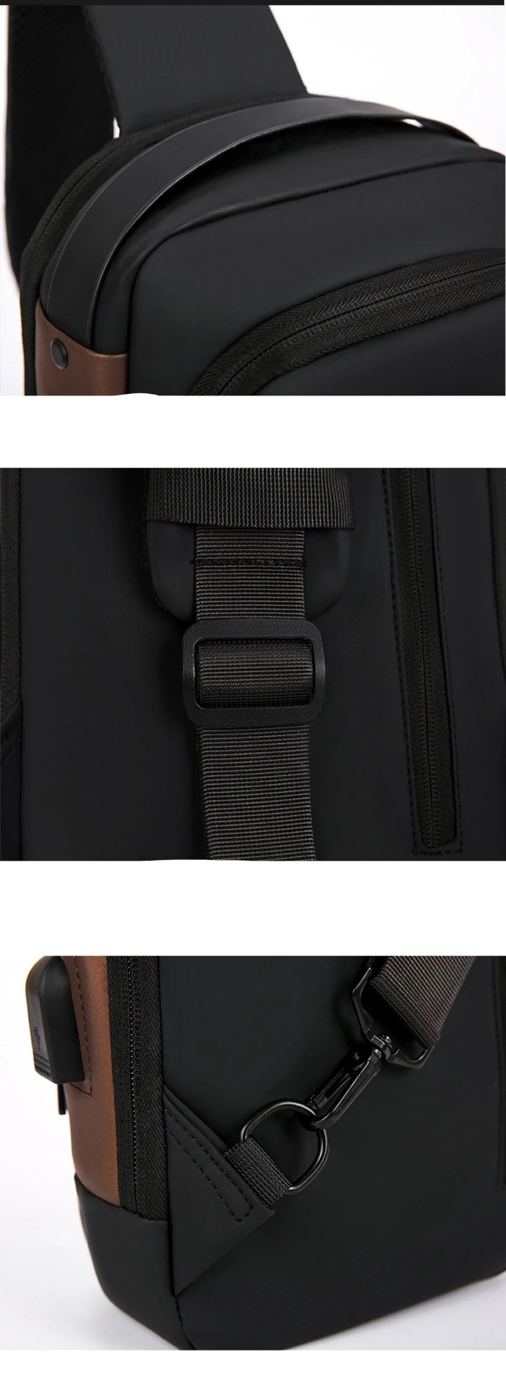 BARESY men's waterproof crossbody bag with USB port in black with brown accents adjustable strap metal clasp zipper