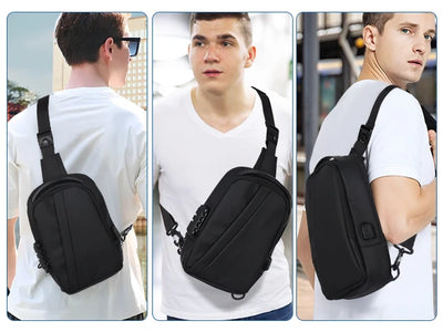 BARESY men's waterproof crossbody bag with USB port black sling worn across chest with adjustable strap