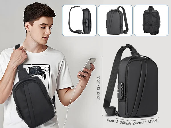 BARESY men's waterproof crossbody bag with USB port black anti theft sling for travel