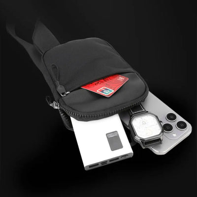 BARESY black trendy chest bag for men with zipper front pocket holding smartphone watch power bank and card