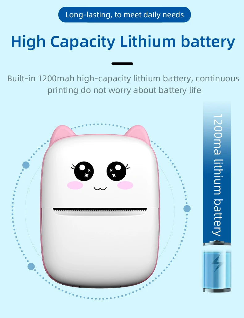BARESY mini imprimante thermique portable Bluetooth white cat face thermal printer with 1200mAh battery