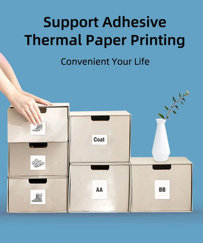 BARESY mini imprimante thermique portable Bluetooth printing adhesive labels on storage boxes for home organization