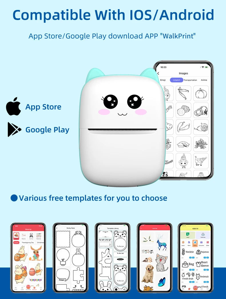 BARESY mini imprimante thermique portable Bluetooth cat face thermal printer with phone app templates