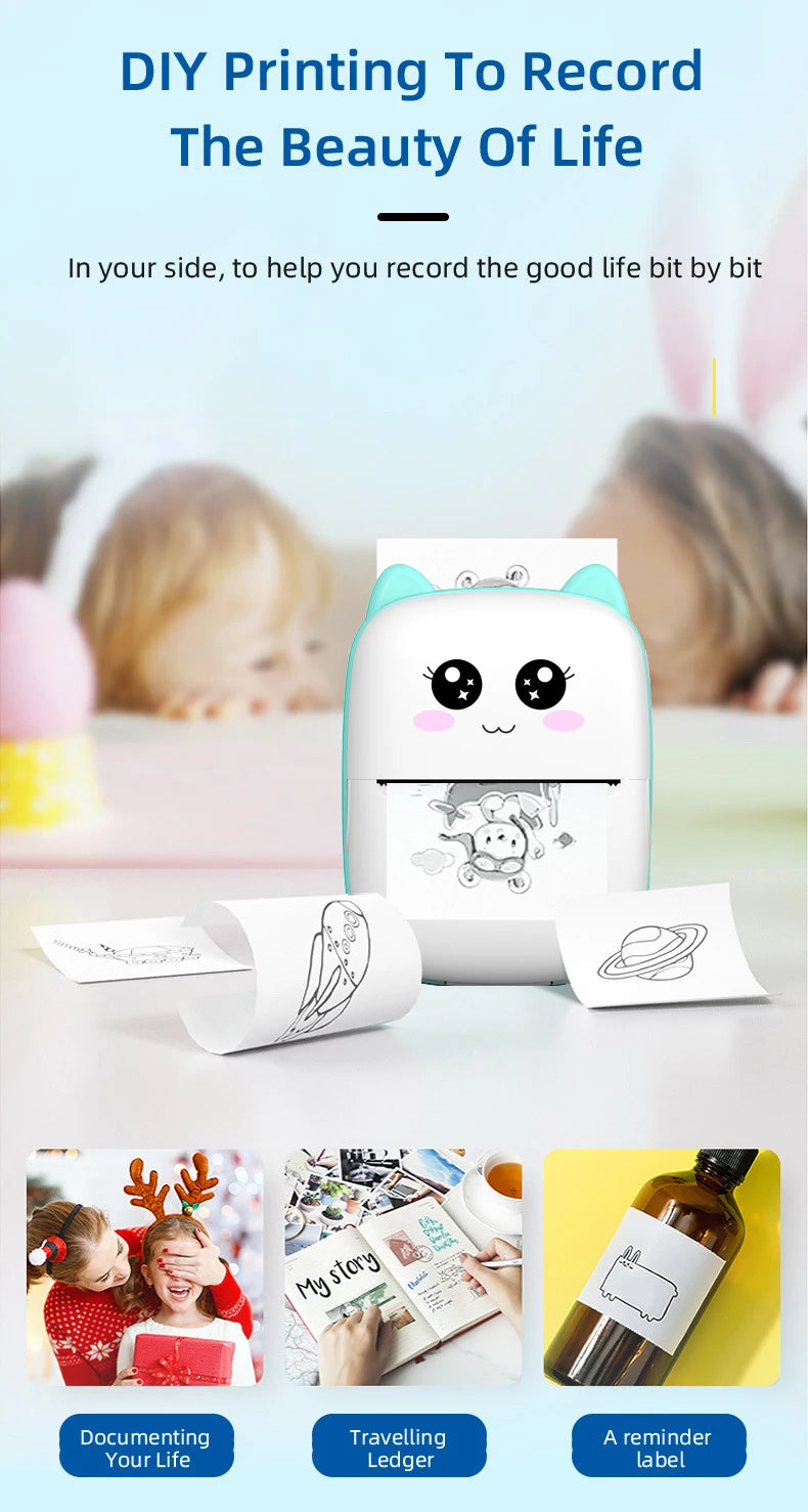 BARESY cute cat thermal printer printing sketches on photo paper mini imprimante thermique portable Bluetooth labels and journals