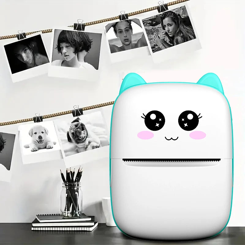 BARESY mini imprimante thermique portable Bluetooth adorable cat ear white and teal thermal photo printer