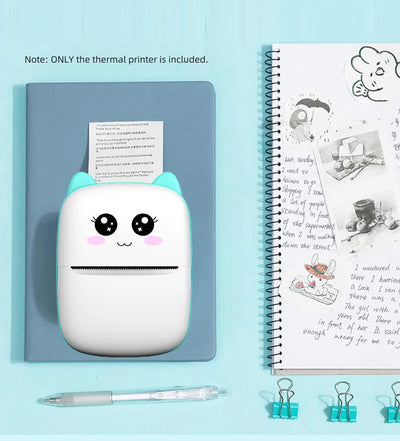 BARESY mini imprimante thermique portable Bluetooth cute cat design white teal ears on notebook with pen