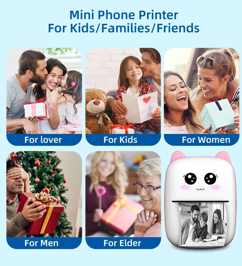 BARESY cute cat mini phone printer printing family photos and gift scenes, mini imprimante thermique portable Bluetooth