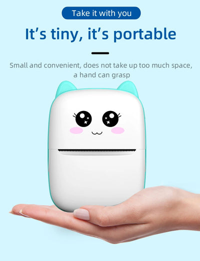 BARESY mini imprimante thermique portable Bluetooth cute cat face thermal printer held in hand white mint