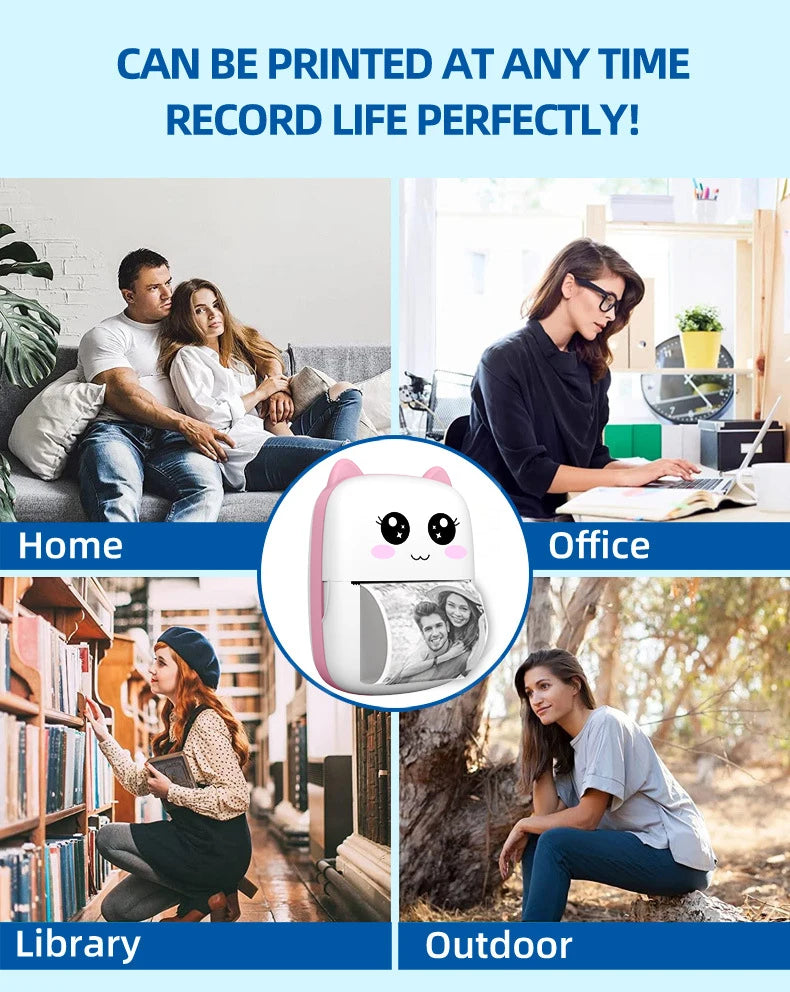BARESY mini imprimante thermique portable Bluetooth pink cat desktop printer printing photo for home office library outdoor use