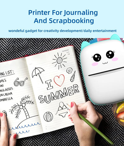 BARESY mini imprimante thermique portable Bluetooth white mint cat design printer beside hand journaling scrapbook with doodles