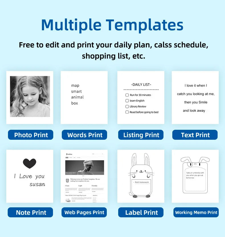 BARESY mini imprimante thermique portable Bluetooth with multiple printable templates photo note label memo web pages