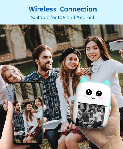 BARESY mini imprimante thermique portable Bluetooth cute cat design printing black and white photo from smartphone outdoors