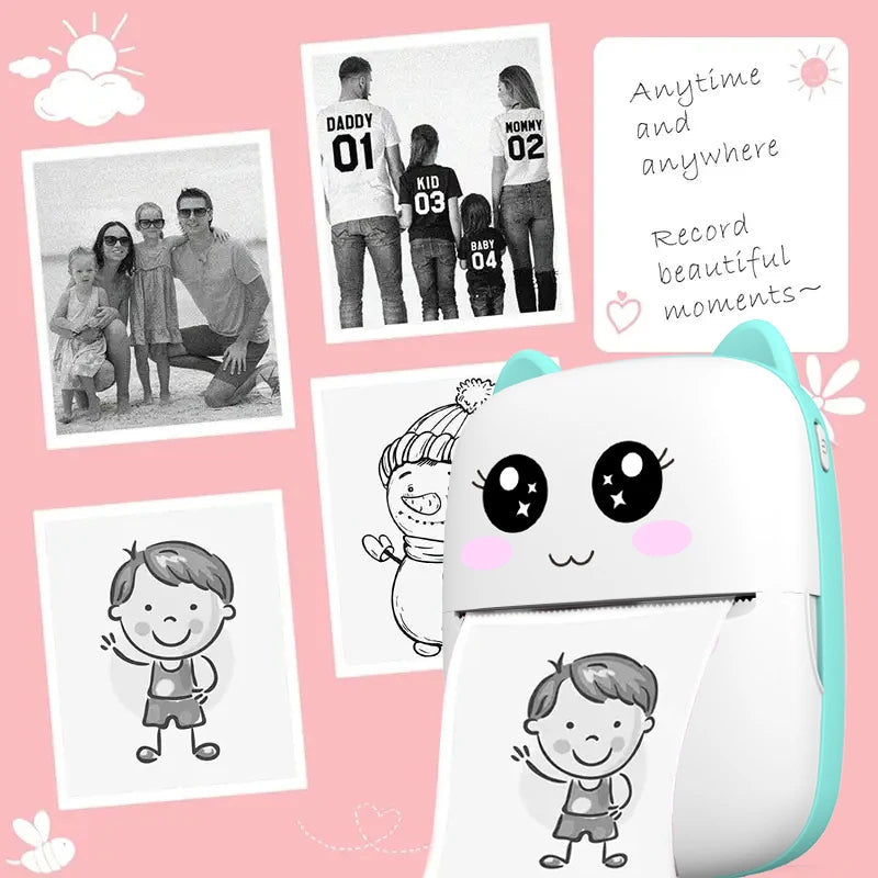 BARESY mini imprimante thermique portable Bluetooth teal white cat ear thermal photo printer printing kids stickers