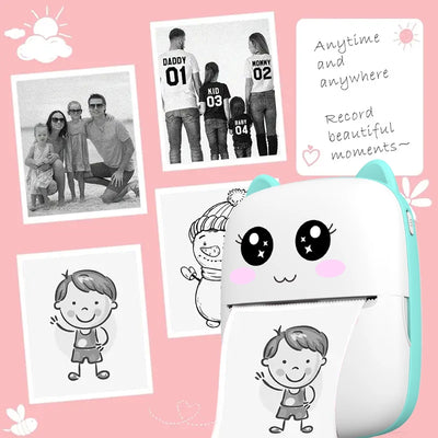 BARESY mini imprimante thermique portable Bluetooth teal white cat ear thermal photo printer printing kids stickers