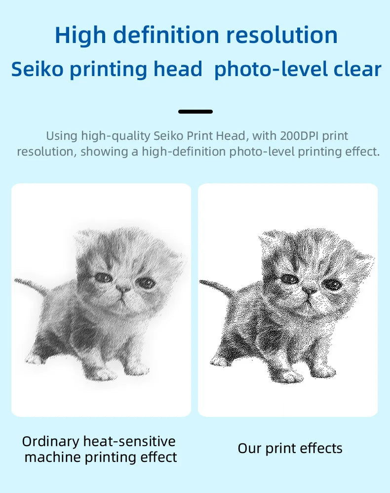 BARESY mini imprimante thermique portable Bluetooth showing high definition cat print comparison 200 DPI Seiko head