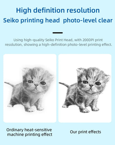 BARESY mini imprimante thermique portable Bluetooth showing high definition cat print comparison 200 DPI Seiko head