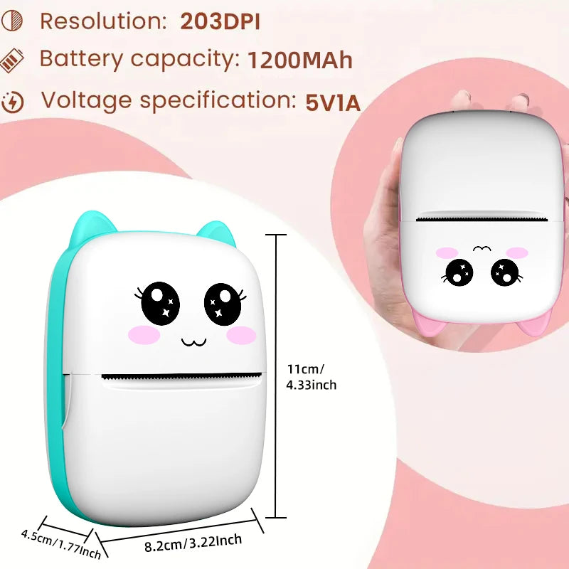 BARESY mini imprimante thermique portable Bluetooth white teal cat ear thermal printer 11 cm 203 DPI 1200mAh battery